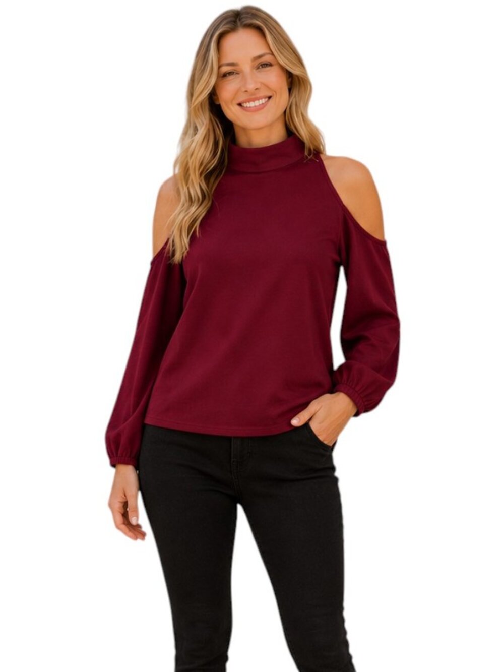 Charlotte Russe Burgandy Mock-Neck Cold-Shoulder Top, M
